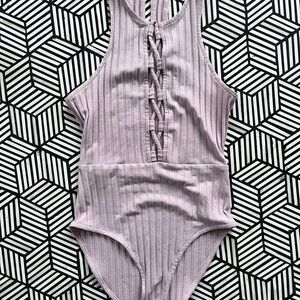 Kendall & Kylie Pink Ribbed Bodysuit with Lace Up Detail
